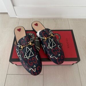 Gucci Navy Leather GG Star Horsebit Mules with Red Accents